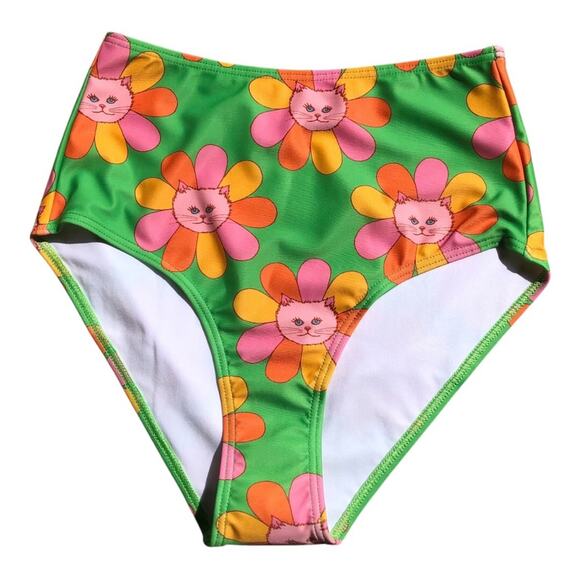 ModClothxMarisol Muro Green Petals Cat Faces Sara High-Waisted Bikini Bottom SM - Picture 2 of 10